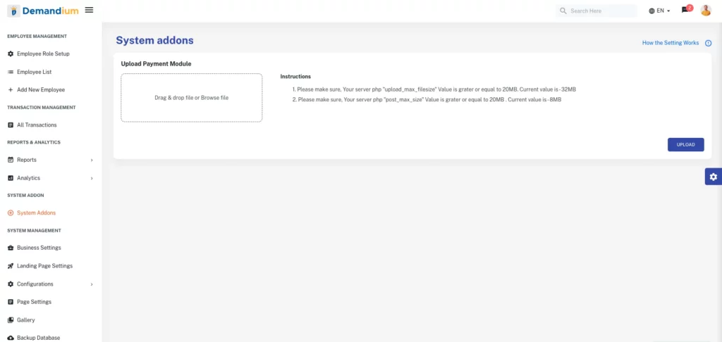 System Addon Upload Page